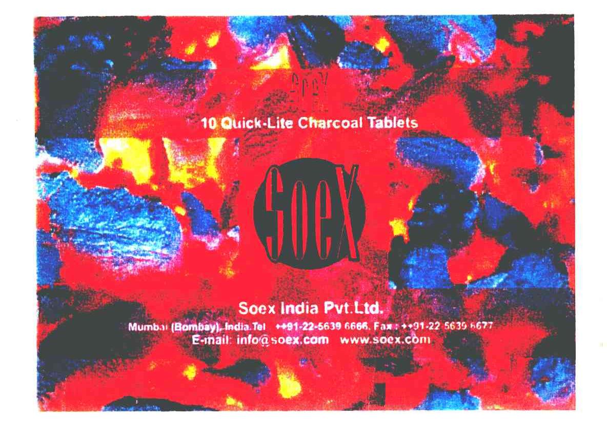 SOEX;QUICK-LITE CHARCOAL TABLETS;SOEX INDIA PVT.LTD;MUMBAI BOMBAY INDIA.TEL;FAX;E-MAIL：INFOASOEX.COM;WWW.SOEX.COM;10;912256396666;912256396677