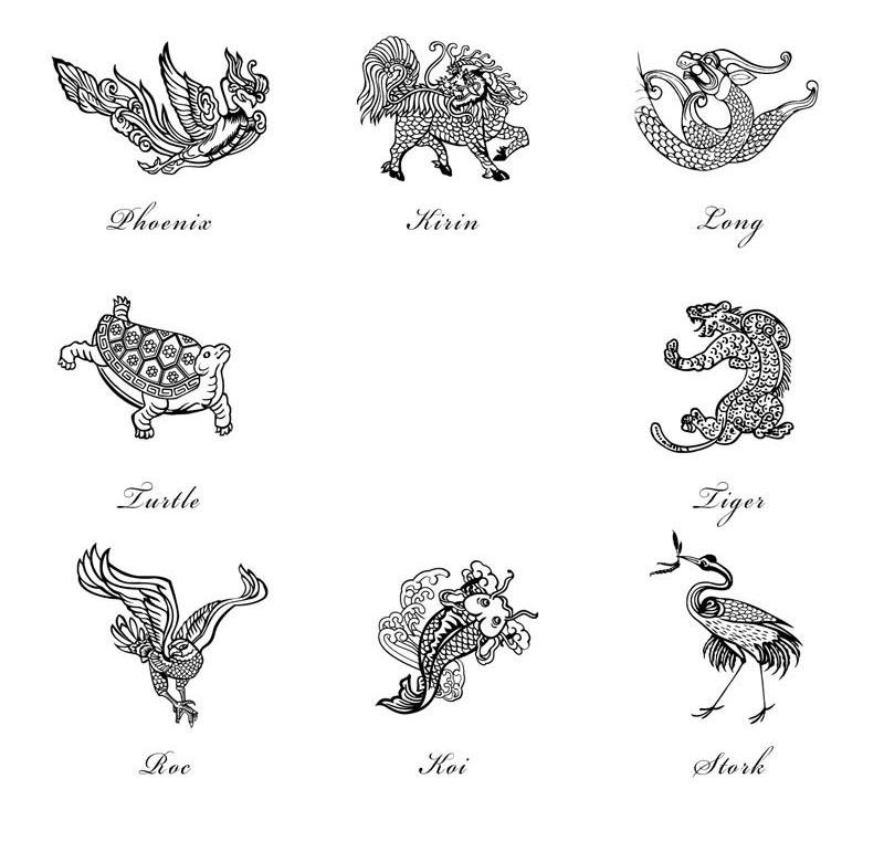 TURTLE LONG ROC TIGER KIRIN STORK PHOENIX KOI