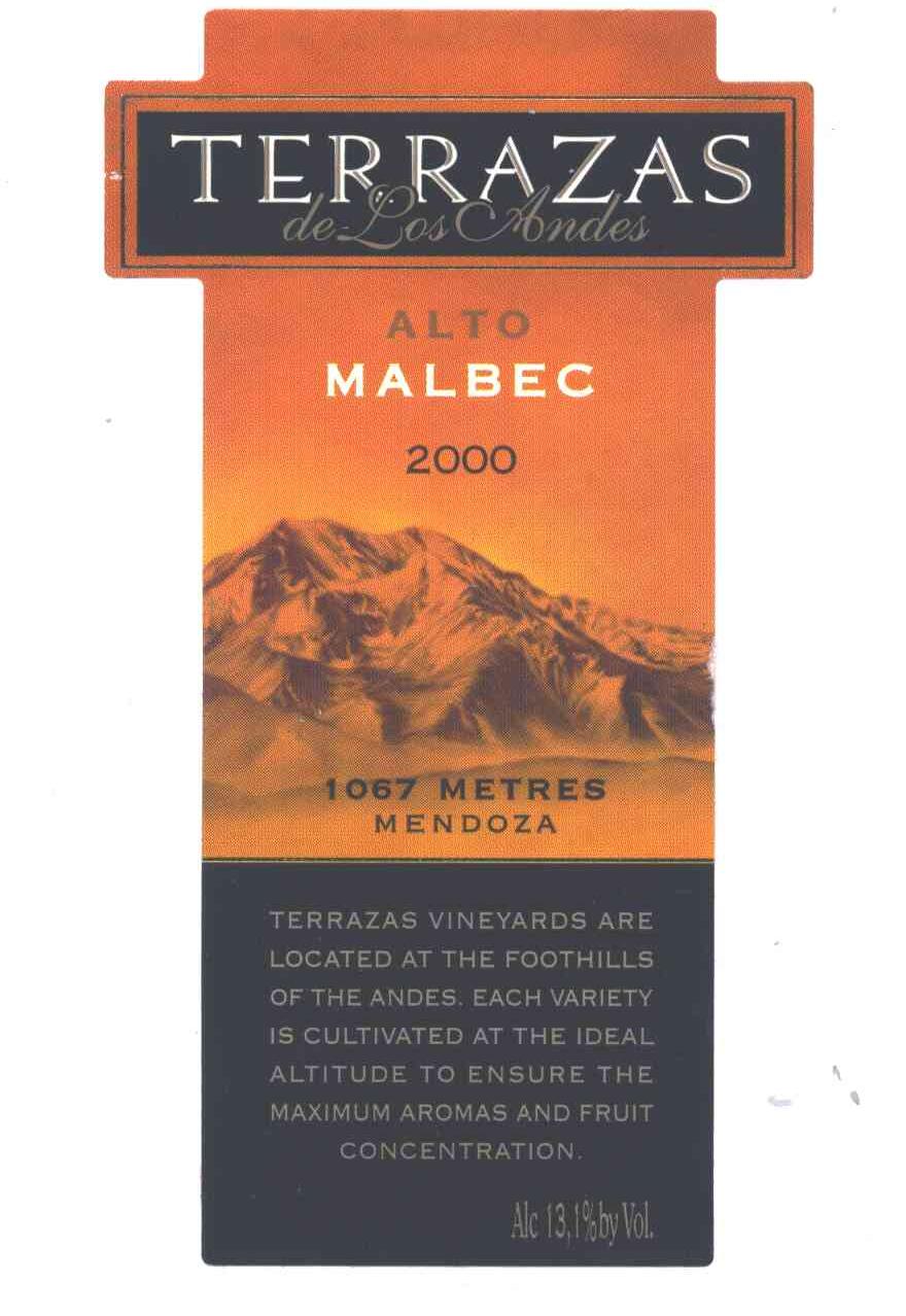 TERRAZAS DE LOS ANDES ALTO MALBEC；METRES MENDOZA